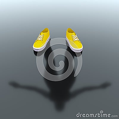 Abstract Invisible Person of Sportsman in Modern Yellow Sneakers is Reflected from the Floor Surface. 3d Rendering Stock Photo