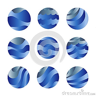 Abstract isolated blue color ocean waves and sky clouds logos set. Water stylized vector logotypes collection. Round Vector Illustration