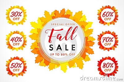 Bright coloured autumn sale digits with set of percent % off, buy just now in yellow maple leaves Vector Illustration