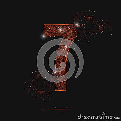 Abstract isolated orange image of a number seven. Polygonal illustration looks like stars in the blask night sky in Vector Illustration