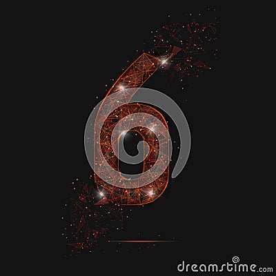 Abstract isolated orange image of a number six. Polygonal illustration looks like stars in the blask night sky in spase Vector Illustration