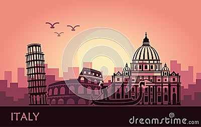 Abstract Italian cityscape with silhouettes of sights at sunset Vector Illustration