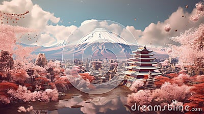 Abstract japaneese lansdcape with mountines. Generative AI Stock Photo