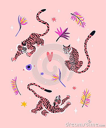 Abstract japanese Tigers collection. Vector illustration cartoon tiger, plant and flower. For fabric, wall art, interior Vector Illustration