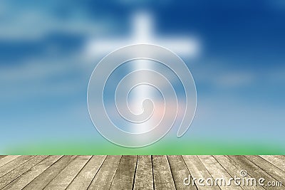 Abstract Jesus on the cross blue sky with wooden paving. Stock Photo