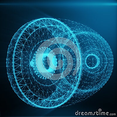 Abstract Jet Engine, Abstract Polygonal Consisting of Blue Dots and Lines. Jet Engine on Blue tint Background, 3D Stock Photo