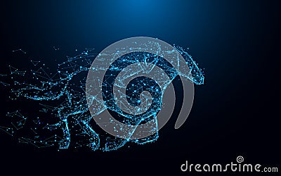 Abstract Jockey on horse form lines and triangles, point connecting network on blue background Vector Illustration