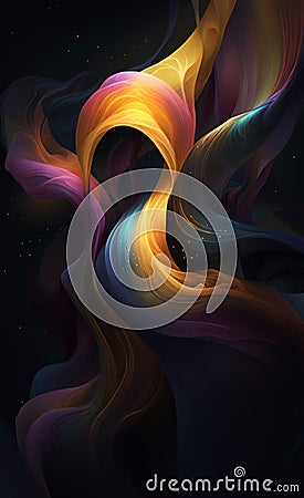 Abstract kinetic art of fluid dynamics, black background, transparent fabric flows, rainbow colors,gold dust, AI generation Stock Photo