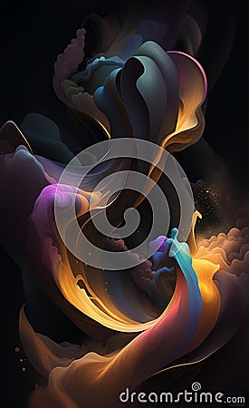 Abstract kinetic art of fluid dynamics, black background, transparent fabric flows, rainbow colors,gold dust, AI generation Stock Photo