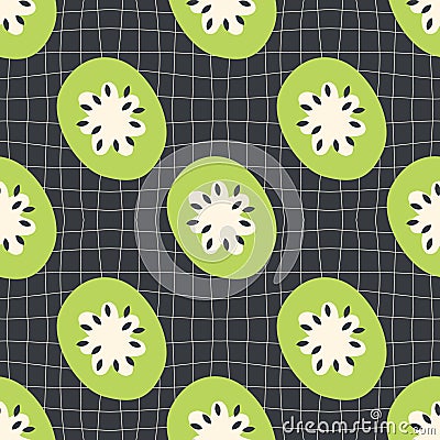 Abstract kiwi slices seamless pattern on checkered distorted background. Psychedelic print for fabric, paper, textile. Hand drawn Vector Illustration