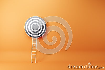 Abstract ladder leading to bulls eye target on orange wall background with mock up place. Targeting, career and aim concept. 3D Stock Photo