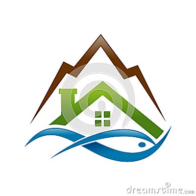 Abstract Lake House Fish Mountain Logo Symbol Design Vector Illustration