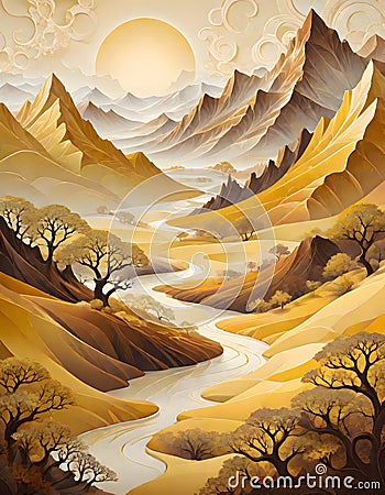 Abstract Landscape Artistry in Yellow, Brown, and White Colors, Generated with AI Stock Photo