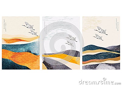 Abstract landscape background with crane birds and Japanese wave pattern vector. Watercolor texture in Chinese style. Mountain Cartoon Illustration