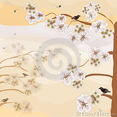 Abstract landscape with blooming cherry, birds,sky in pastel sepia colors Vector Illustration