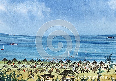 Abstract landscape. Blue sky, azure sea with ships, crowded beach Palms, yellow sand . Cartoon Illustration