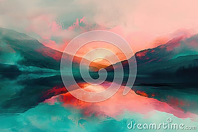 sunrise over a mountain lake with pink and orange clouds reflecting in the still, turquoise water Stock Photo