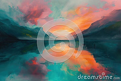 sunrise over a mountain lake with pink and orange clouds reflecting in the still, turquoise water Stock Photo