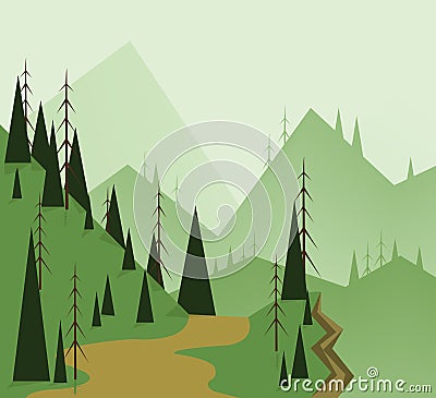 Abstract landscape design with green trees, hills, road and a chasm, flat style. Vector Illustration