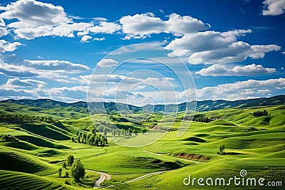 An abstract landscape featuring rolling hills, lush forests, and vibrant skies, with a dominant gr Stock Photo