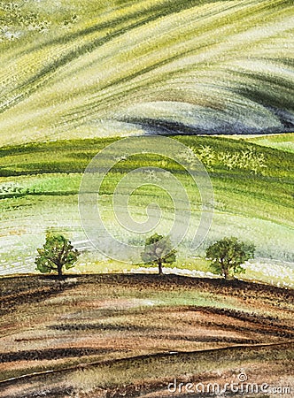 Abstract landscape with field and three trees in green tones. Stock Photo