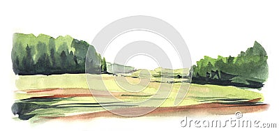 Abstract landscape. Green sunny summer valley small bushes groups of trees. Decor of bottom edge of the page, elongated banner Cartoon Illustration