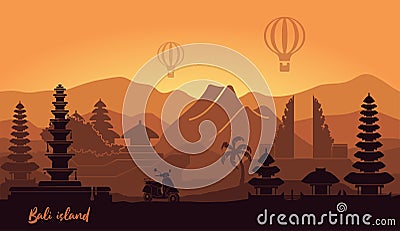 Abstract landscape of the Indonesian island of Bali with the main attractions Vector Illustration