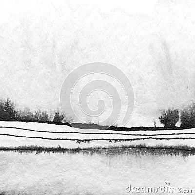 Abstract landscape ink hand drawn illustration. Black and white ink winter landscape with river. Minimalistic hand drawn Cartoon Illustration