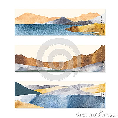 Abstract landscape with Japanese wave pattern vector. Watercolor texture with mountain forest background Stock Photo