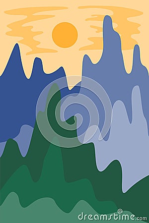 Abstract landscape modern background with mountains, sun, sunset, forest. Mid century modern minimalist art print. Scandinavian Vector Illustration