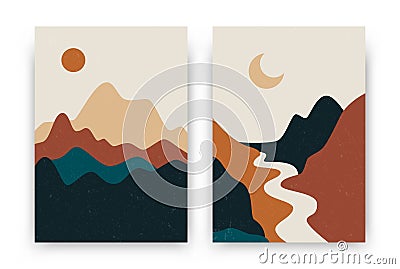 Abstract landscape posters. Contemporary boho background set, modern sun moon mountains minimalist wall decor. Vector art print Vector Illustration