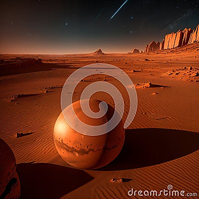 Abstract landscape on the surface of the planet Mars with a planet model. Abstract image on the theme of space exploration Stock Photo