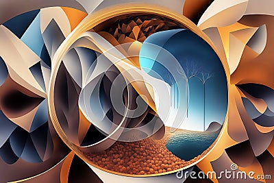 An abstract landscape of surreal geometric forms, centered around a circular group of trees in the middle, made with generative ai Stock Photo