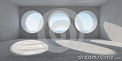 Abstract large, empty, modern concrete room with row of three round tube opening with ocean background and rough floor - Cartoon Illustration