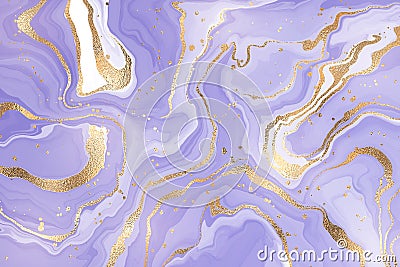 Abstract lavender liquid marbled watercolor background with golden lines and stains. Violet marble alcohol ink drawing Vector Illustration