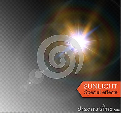 Abstract lens gold front solar flare transparent special light effect design. Vector Illustration