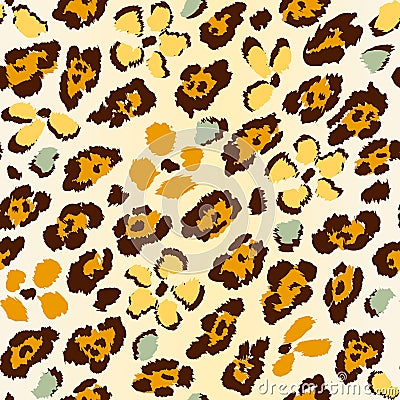 Abstract leopard seamless pattern with black spots and orange flowers on white background. Vector Illustration