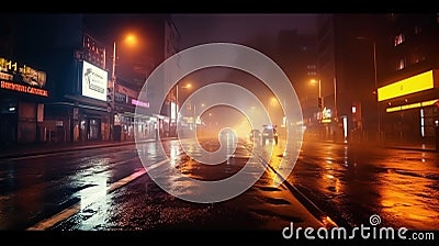 Abstract light in a dark empty street with smoke with asphalt wet reflection Stock Photo