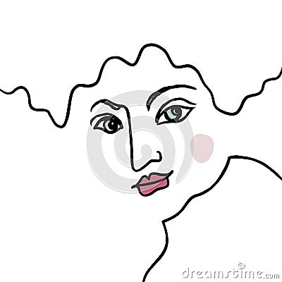 Abstract line art face in1960s drawing style. Art design element. Ceative avatar. Modern line art asian type person portrait with Stock Photo