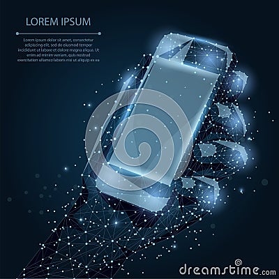 Abstract line and point Mobile phone with empty screen, holding by man hand. Communication app smartphone on night sky with stars Vector Illustration