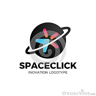 Abstract line style star logo with mouse cursor click. Space planet orbit with icon inside Vector Illustration