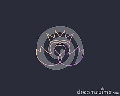 Abstract line swan couple logo design. Crown heard love vector logotype. Vector Illustration