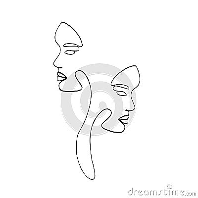 Abstract line woman faces. Continuous one line drawing female portraits, contemporary line art. Vector illustration Vector Illustration
