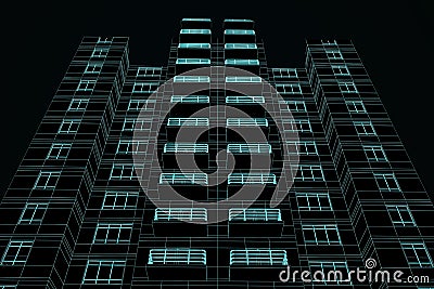 Abstract linear building project on black background. Architecture, construction and blueprint concept. Stock Photo
