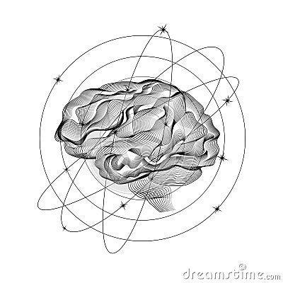 Abstract linear drawing of a brain surrounded by stars in orbits Vector Illustration