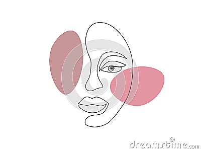 Abstract linear portrait african american. Meditative contour face looking pensively made in one black line with pink Vector Illustration