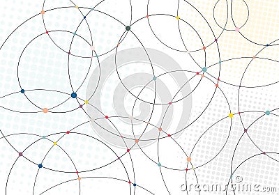 Abstract lines circles and multicolor dots with radial halftone texture on white background Vector Illustration