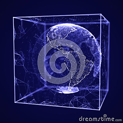 Abstract lines connection in the shape of glass cube. Mesh square with planet in it. 3d rendering Stock Photo