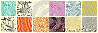 Abstract lines seamless patterns, vector modern trnedy backgrounds set. Organic patterns with color memphis dots and irregular Vector Illustration
