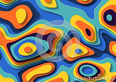 Abstract liquid paper cut background. Multicolored fluid lava stains. Geometric topography footprints Vector Illustration